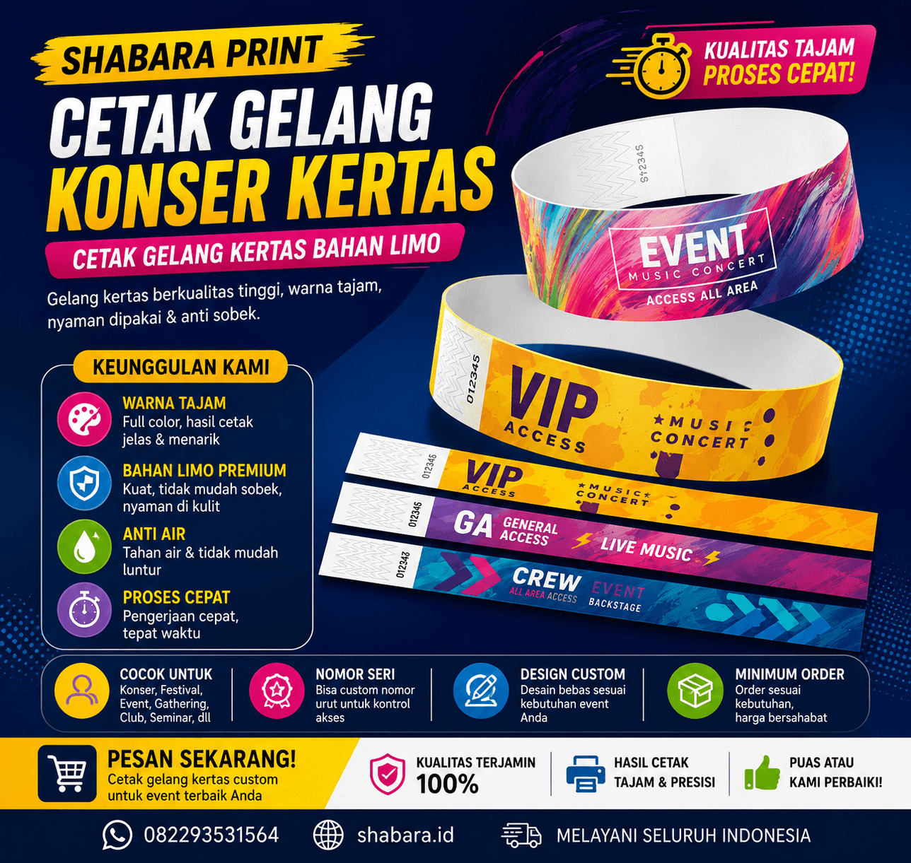 Cetak Gelang Kertas Bahan LMO (Anti Sobek) / Gelang Konser / Gelang Tiket / Wristband
